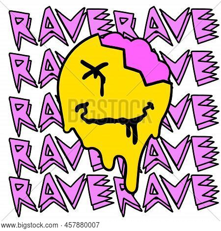 Yellow Smile Face On Background Of Rave Text. Poster For 90s Techno Party. Cartoon Illustration