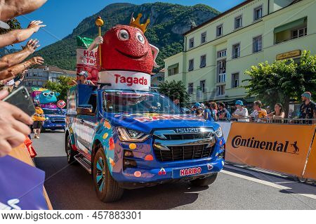 Aigle, Valais Canton, Switzerland -10.07.2022: Passage Of An Advertising Car Of Haribo In The Carava