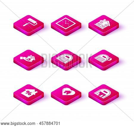 Set House With Percant Discount Tag, Heart Shape, Realtor, Warehouse, Dollar Symbol, Home And Clock 