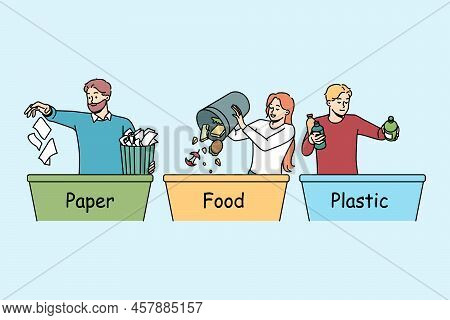 People Sorting Waste In Containers. Eco Friendly Volunteers Or Activists Care About Environment. Eco