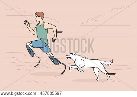 Athlete With Prostheses Running With Dog On Beach. Man With Prosthetic Legs Training Jogging With Pe