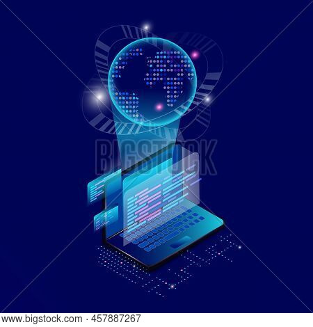 Creating A Mobile Interface On A Laptop Screen. Placement Of Planet Earth On Display Devices. Concep