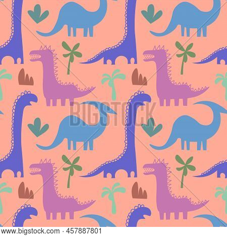 Childish Seamless Pattern With Hand Drawn Dino In Scandinavian Style. Creative Vector Dinosaurs Chil
