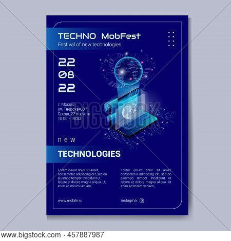 Design Of A Flyer Or Poster, A Festival Of New Technologies. Planet Earth On The Laptop Screen. Conc