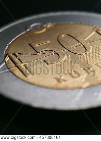 Translation: 50 Kurus. Turkish Coin Of 50 Kuruş Lies On A Dark Surface Closeup. National Currency Of