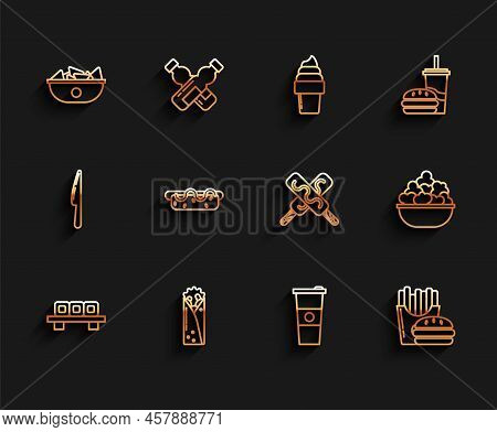 Set Line Sushi On Cutting Board, Doner Kebab, Nachos Plate, Paper Glass And Water, Burger French Fri