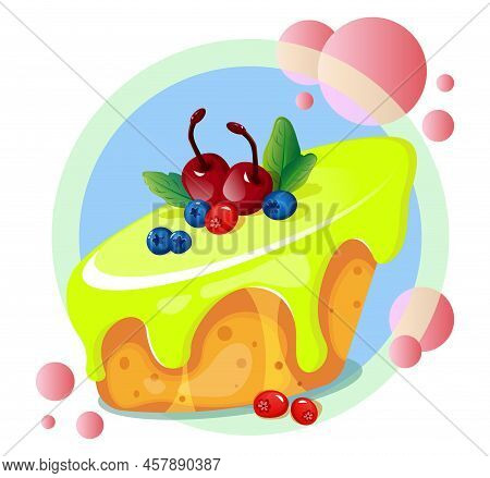 Cake With Filling And Berries. Circle, Cherry, Composition, Icon, Illustration