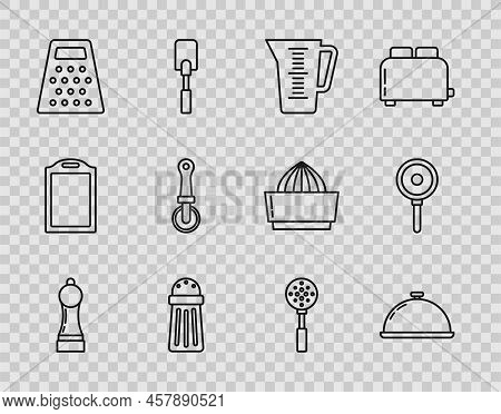 Set Line Pepper, Covered With A Tray Of Food, Measuring Cup, Salt, Grater, Pizza Knife, Spatula And 