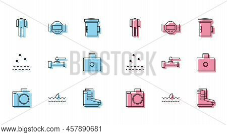 Set Line Photo Camera For Diver, Shark Fin In Ocean Wave, Wetsuit Scuba Diving, Boots, Industry Meta