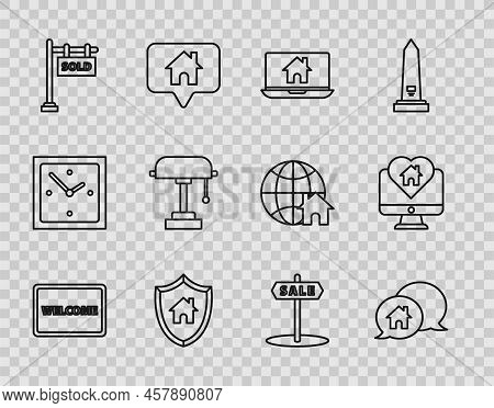 Set Line Doormat With The Text Welcome, House Building In Speech Bubble, Laptop And Smart Home, Shie