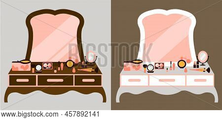 A Table With A Set Of Makeup And Makeup Tools Vector Illustration In Flat Design. Wooden Vintage Van