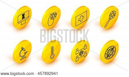 Set Line Stop Virus, Virus Spread, Medical Thermometer, Microscope, Under Magnifying Glass, First Ai