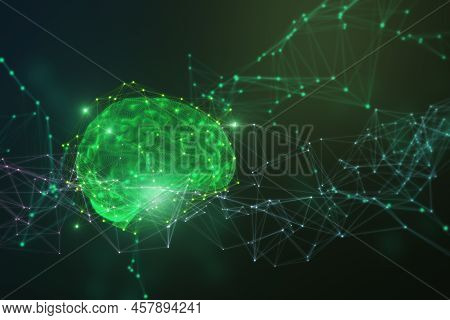 Abstract Green Polygonal Brain Hologram. Ai And Machine Learnign Concept. 3d Rendering