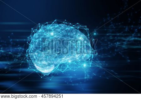 Abstract Blue Polygonal Brain Hologram On Blurry Background. Ai And Machine Learnign Concept. 3d Ren