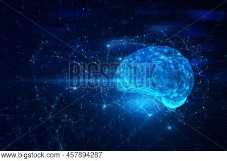Abstract Blue Polygonal Brain Hologram On Blurry Wallpaper. Ai And Machine Learnign Concept. 3d Rend