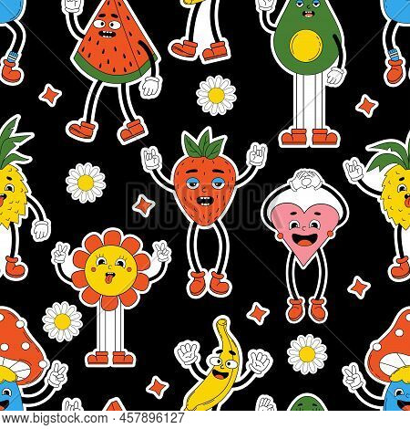 Retro Psychedelic Seamless Patterns, Groovy Backgrounds. Vector Hippy Pattern With 70s, 80s Vibes Gr