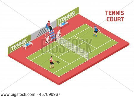Sport Field Tennis Court Isometric Composition With 2 Players Ball Boys And Referee In Tall Chair Ve