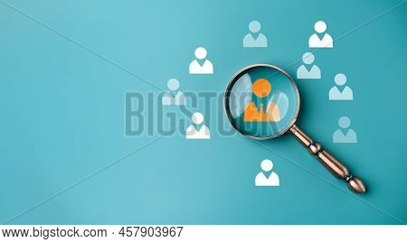 Hrm Or  Human Resource Management, Magnifier Glass Focus To Manager Icon Which Is Among Staff Icons 