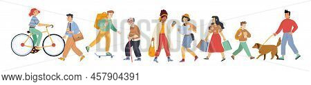 Diverse Pedestrian Walk, Passerby People Tourist With Bag, Businessman, Teenager, Student Or Schoolg