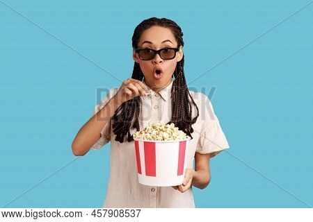 Excited Woman With Dreadlocks In 3d Imax Glasses Watching Movie Film, Hold Popcorn, Watching Interes