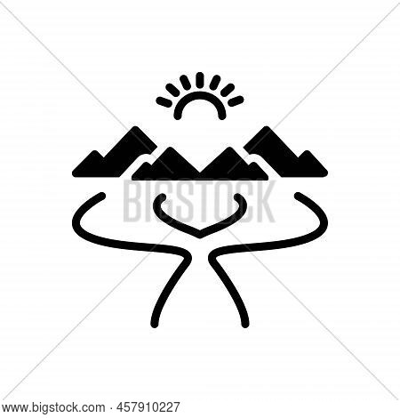 Black Solid Icon For Watershed Mountain Hill Sun Water River Divide Flow Split Part
