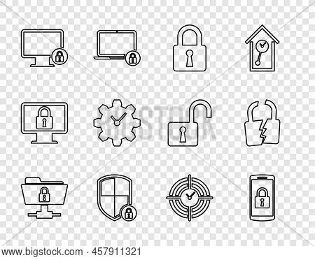 Set Line Ftp Folder And Lock, Smartphone With, Lock, Shield Security, Monitor, Time Management, And 