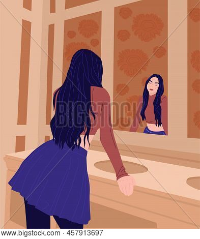 Sexy Young Woman In Trendy Clothes. She Looks At Herself In The Mirror. Concept Of Feminine Self-con