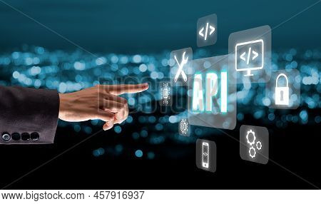 Api - Application Programming Interface, Man Presses Button On Touch Screen Interface And Select Api