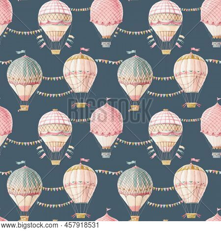 Beautiful Vector Seamless Pattern With Cute Watercolor Hand Drawn Retro Vintage Air Balloons With Fl