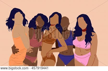 Multiracial Women Of Different Height, Figure Type And Size Dressed In Swimsuits. Happy Diverse Wome