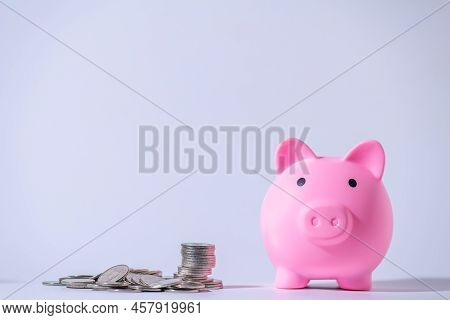 Save Money And Account Banking For Finance Concept, Piggy Bank With Coin On Blurred Background, Save