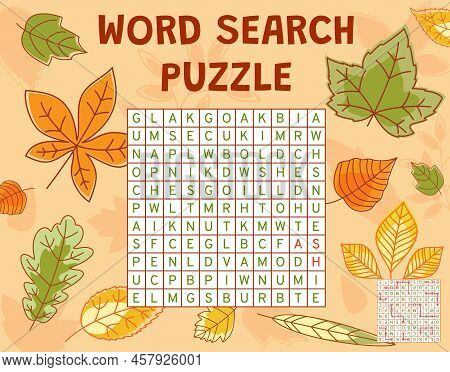 Autumn Tree Leaves Word Search Puzzle Game Worksheet, Quiz Grid. Vector Kids Crossword, Brainteaser 