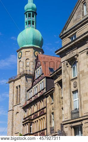 Historic Houses Ad Church Tower At The Market Square Of Dortmund, Germany