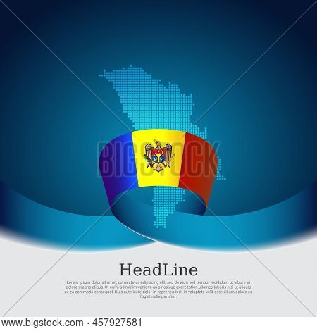 Moldova Flag, Mosaic Map On Blue White Background. Wavy Ribbon With The Moldavian Flag. Vector Banne