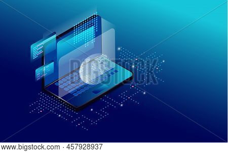 Creating A Mobile Interface On A Laptop Screen. Placement Of Planet Earth On Display Devices. Concep