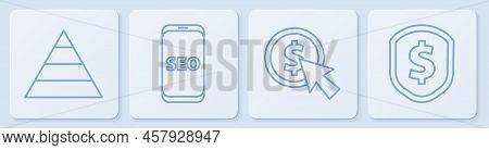 Set Line Pyramid Chart Infographics, Cursor And Coin, Mobile Phone Seo Optimization And Shield With 