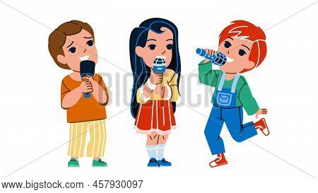 Boy And Girl Children Singing Song Together Vector. Schoolboy And Schoolgirl Kids Singing On Festiva