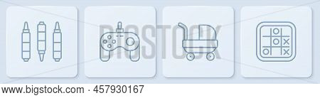 Set Line Marker Pen, Baby Stroller, Gamepad And Tic Tac Toe Game. White Square Button. Vector