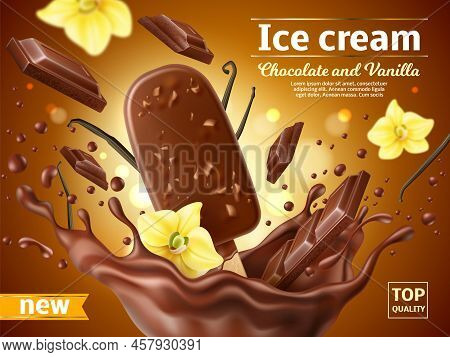 Realistic Ice Cream Poster. Chocolate Popsicle With Vanilla Flavor In Cocoa Splash, Flying Flowers, 