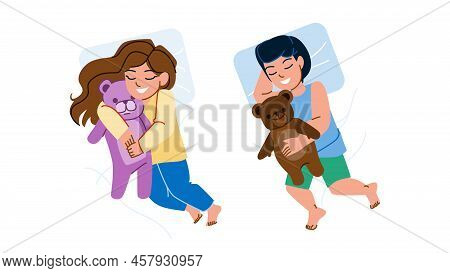 Kid Sleep Vector. Child Bed Night, Boy Girl, Little Dream, Pillow Bedroom Kid Sleep Character. Peopl