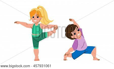 Kid Yoga Vector. Child Boy Girl, Gym Exercise, Fitness Training Mat Kid Yoga Character. People Flat 