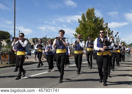 Landerneau, France - July 10 2022: Musicians From The Bagad Bro Landerne During The Kann An Loar Fes