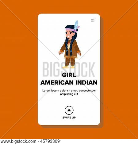 Girl American Indian Vector. Woman Native, Feather Headdress, Tribal Art, Apache Shaman Girl America
