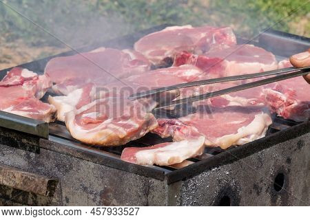 Raw Meat Placed On Hot Barbeque, Food Preparation
