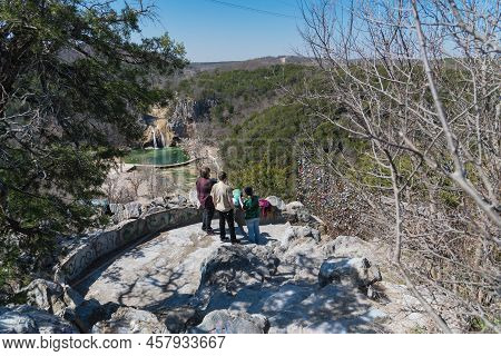Rear View Unidentified Diverse People From Viewpoint To Turner Falls On Honey Creek In The Arbuckle