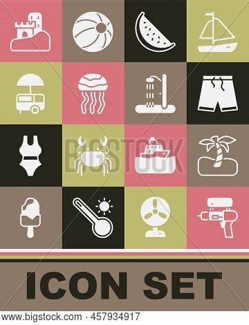 Set Water Gun, Tropical Palm Tree, Swimming Trunks, Watermelon, Jellyfish, Fast Street Food Cart, Sa