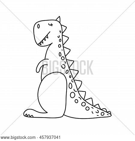 Vector Stylized Cute Monoline Dinosaur Turannosaurus Isolated On White Background. Kids Dino For Chi