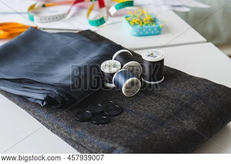 Sewing Items. Tailoring Scissors, Measuring Tape, Spools Of Thread, Seamstress Tools, Rulers, Button