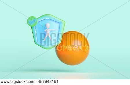 3d Protect Your Health With Omega 3 Fatty Acids, Shield Icon, Stick Man Miniature, Checkmark, The Vi