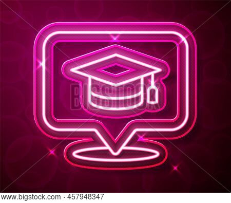 Glowing Neon Line Graduation Cap In Speech Bubble Icon Isolated On Red Background. Graduation Hat Wi